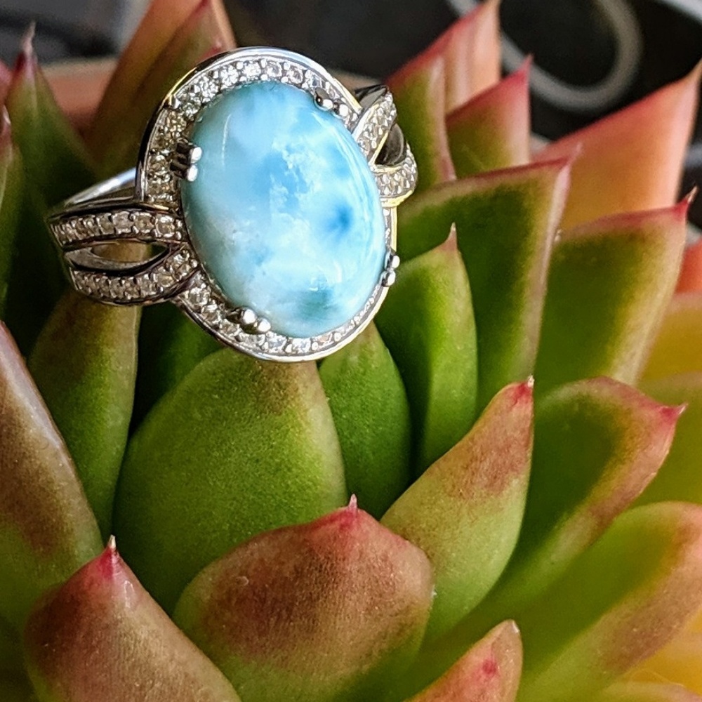 Larimar and White Zircon Sterling Silver Ring
